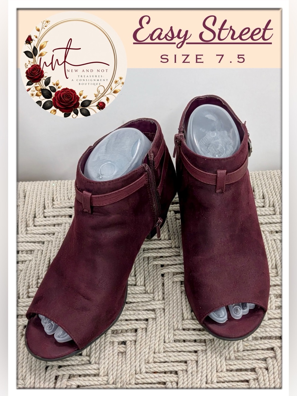 Easy Street Sparrow Women’s 7.5 Burgundy Peep Toe Ankle Booties Buckle Side Zip